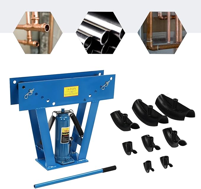 16 Ton Hydraulic Pipe Bender Manual Pipe Bending Machine Tube Bender Tool with 8 Bending Dies (1/2", 3/4", 1", 1-1/4", 1-1/2", 2", 2.5", 3") Adjustable Rollers 90-180° Steel Iron Metal Ratcheting