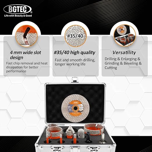 BGTEC Diamond Hole Saw Kit - 12PCS 6/6/8/19/35/50/65mm Drill Bits+20mm Milling Finger Bit+50mm Chamfering Bit+SDS/HEX+115mm Tile Blade for Porcelain Tile Ceramic Granite Marble Stoneware