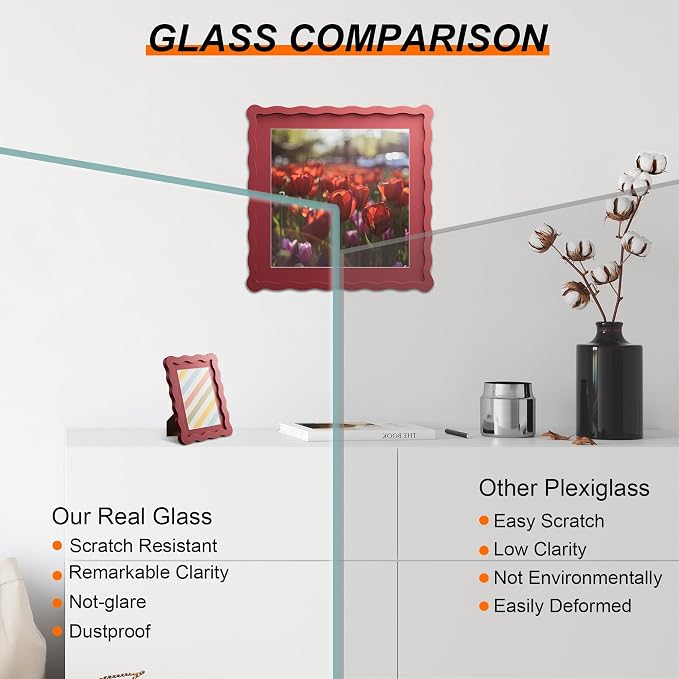 8x8 Picture Frame with Mat for 6x6, Wavy Edge Wooden Real Glass Photo Frame for - Image 2