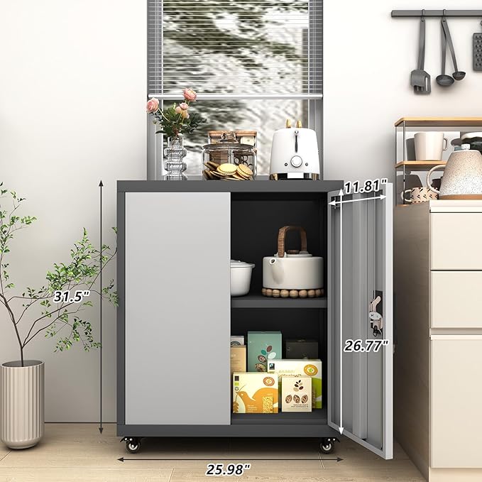 GREATMEET Metal Storage Cabinet with Locking Doors,Steel Storage Cabinet with Wheels Suit for Home Office with 1 Adjustable Shelf for Files, Black&Grey