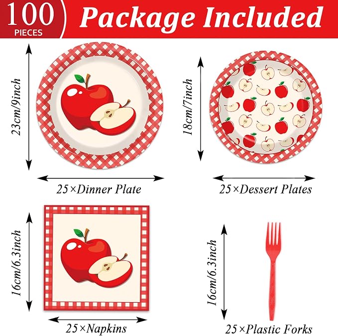 Qyeahkj 100 Pcs Apple Party Supplies Back to School Plates and Napkins Fruit - Image 2