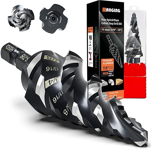 Four Spiral Flute Step Drill Bit for Metal,M35 Cobalt Unibit Step Drill Bit Set 3/16" - 7/8"(12 Sizes),Wear-Resistant AlTiN Coated,1/4" Hex Shank for Metal, Stainless Steel, Aluminum, Plastic