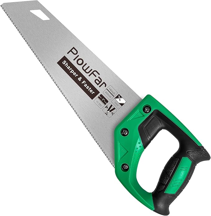 14 inch Hand Saw 11TPI Pro Fine Cut for Wood, Plastic Pipes, Drywall, Trees Trimming & Pruning, Sharp for Woodworking, Green