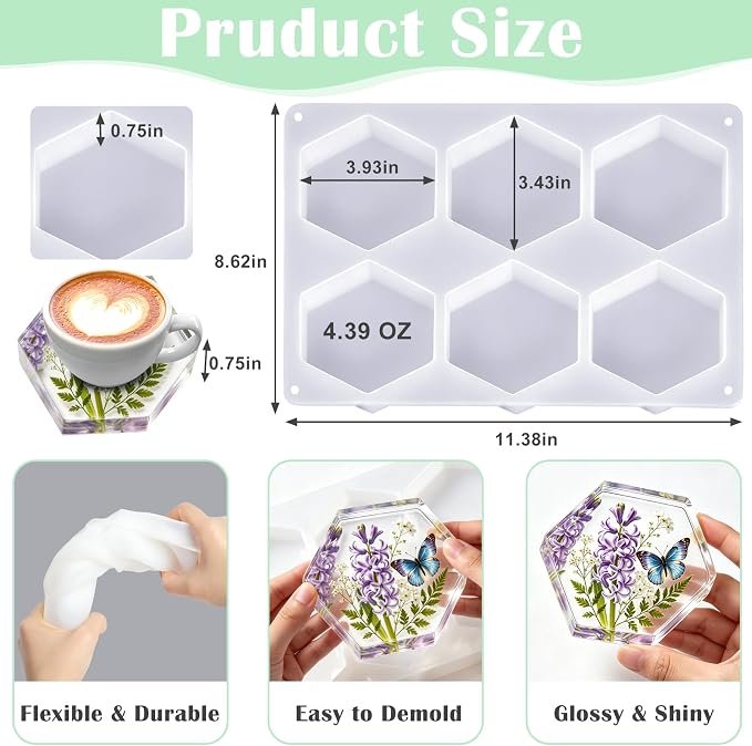 YOILES Deep Coaster Resin Molds Silicone Hexagon Silicone Molds - Image 2