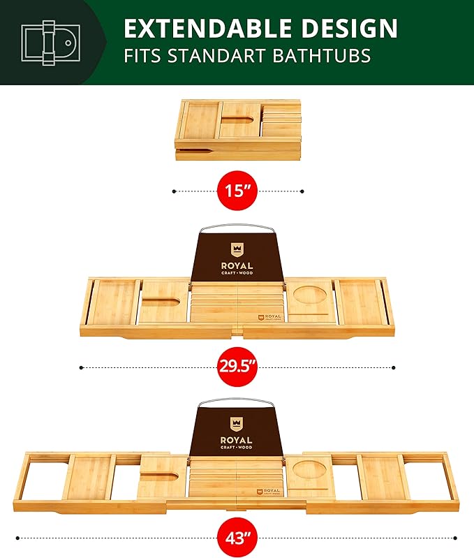 ROYAL CRAFT WOOD Premium Foldable Bathtub Tray Caddy - Image 3