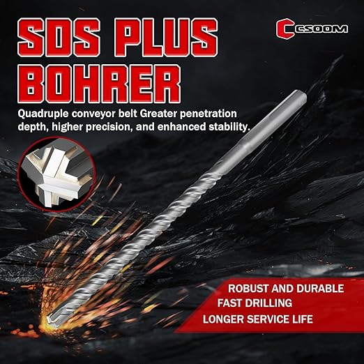 CSOOM SDS Plus Rotary Hammer Drill Bit 3/8"x8.27", Professional Concrete Drill Bit for Concrete, Brick, Stone and Cement Walls