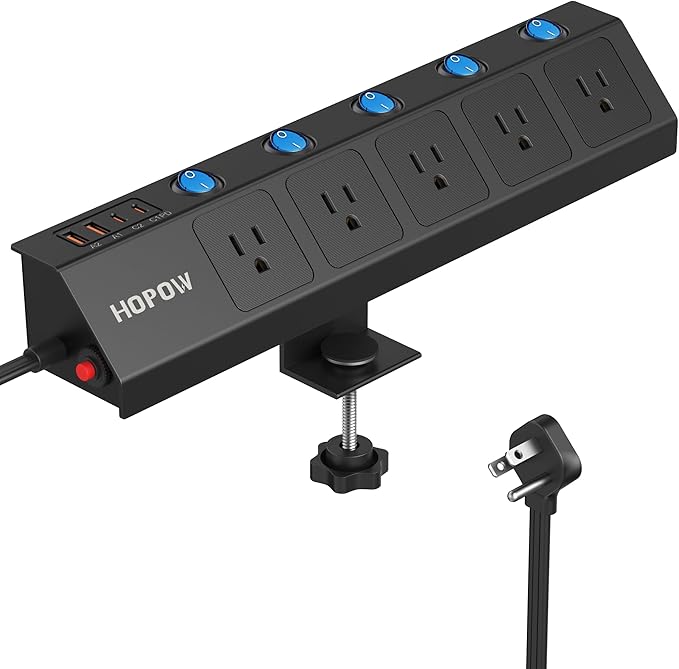 Desk Clamp Power Strip with Individual Switches, 10FT Desktop Mount Charging Station, 5-Outlet Surge Protector with 2 USB-C (20W PD), Fit 1.7" Tabletop Edge, Wall Mount for Home Office, Black