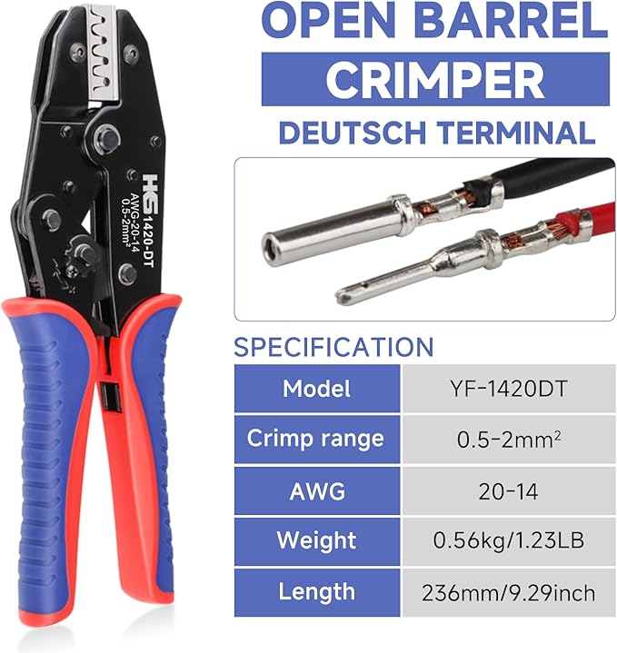 HKS 20-14AWG Size16 20 Deutsch DT DTM Crimp Tool (YF-1420DT) - Open Barrel Terminal Crimper for Stamped Contacts