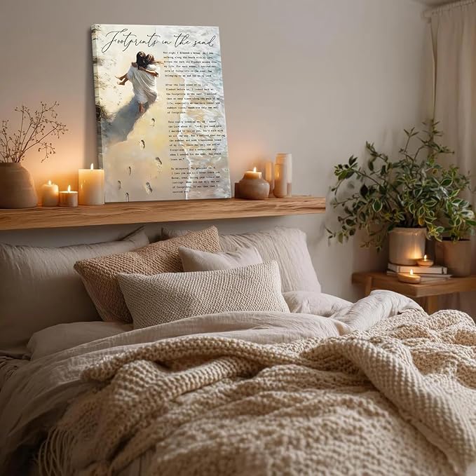 Jesus Holding Woman Wall Art Footprints in the Sand Painting Picture Wall Decor - Image 4