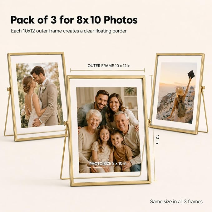 AceList Floating Picture Frame, 3 Pack 8x10 Gold Double Glass | Clear - Image 7
