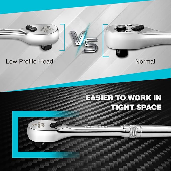 DURATECH 3/8" Drive Ratchet, Dirt Resistance 90-Tooth Ratchet Wrench, Chrome Alloy Made, Fully Polished