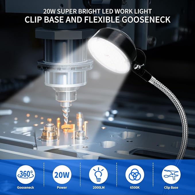 20W Clip on Light, LED Work Light with Flexible Gooseneck and Clip Base, Shop Tool Lamp for Lathe, Work Bench, Sewing Machine, Industrial Lighting, Small Areas Bright Lights, 2000 Lumens