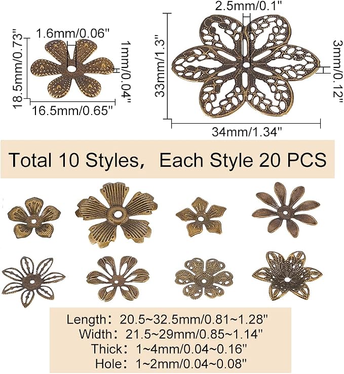 PandaHall 200pcs Flower Spacer Beads, 10 Styles Iron Flower Bead Cap Filigree - Image 2