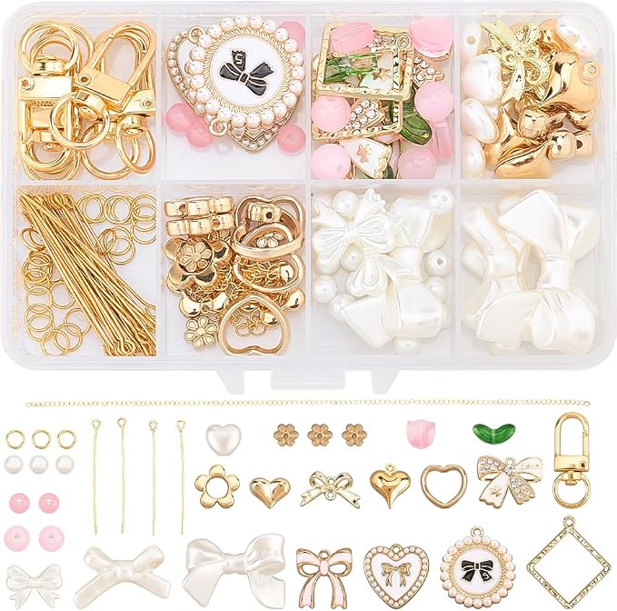 SUNNYCLUE 1 Box 156Pcs DIY 8 Sets Keychain Making Kit Bows Key Chain Charm Bead - Image 7