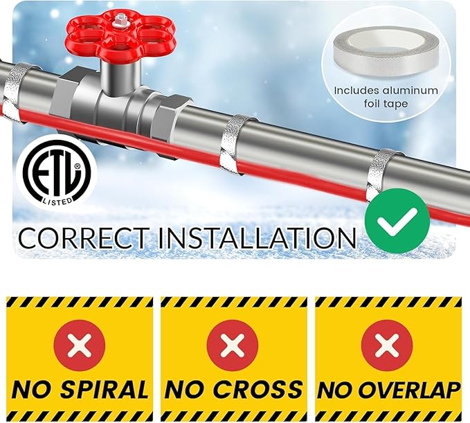 10 FT Heat Tape for Water Pipes Freeze Protection with Thermostat, Electric Heat Trace Pipe Heating Cable Energy-Saving 120V 7W/FT
