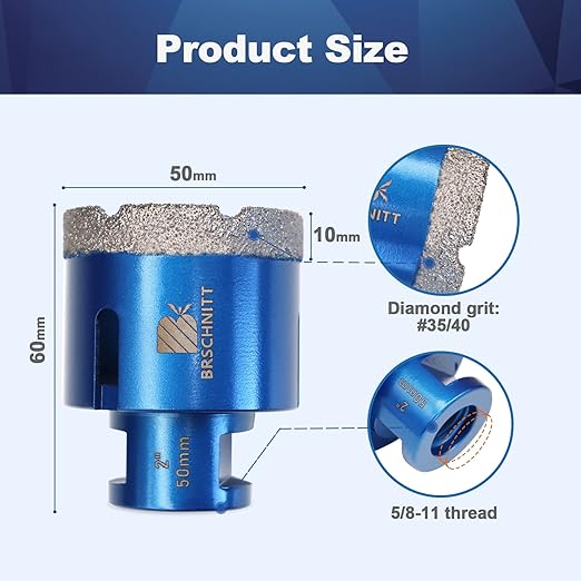 2 Inch Diamond Core Drill Bit for Porcelain Tile Ceramic Marble Granite Drilling,BRSCHNITT 2pcs Vacuum Brazed Diamond Hole Saw with 5/8-11 Thread (50mm 2pcs)