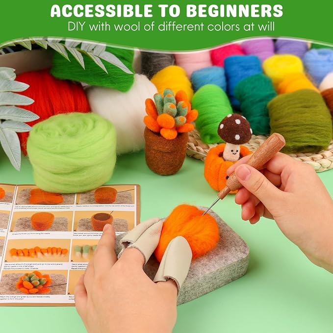 Needle Felting Kit for Beginners, 28 Colors Wool Roving DIY Succulent Plants - Image 4