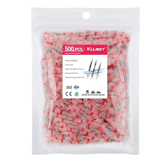 Kuject 500PCS Solder Seal Wire Connectors AWG 22-18, Red Solder Seal Heat Shrink Butt Connectors Terminals Solder Sleeve Waterproof Wire Splice Connector for Marine Automotive Boat Wire Joint