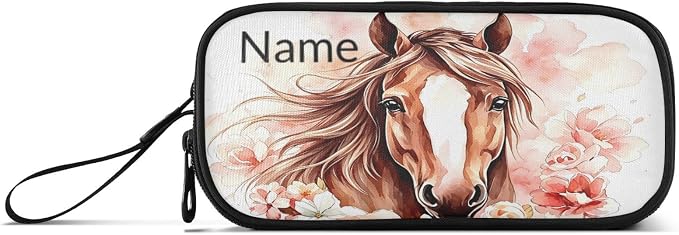 Custom Brown Horse Flower Pencil Case Box Boys Girls Personalized Name Large - Image 6