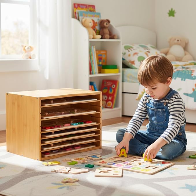 Ripeng 1 Pack Bamboo Puzzle Holder Rack, 7-Tier Adjustable Storage Organizer - Image 5