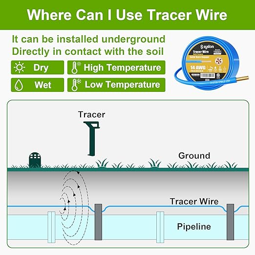 14 AWG Tracer Wire 600V 100% Solid Copper Conductor Direct Burial Underground, Blue Tracer Wire for Locating Underground Pipes and Lines Water Sewer Pipe Fiber Optic Gas Electrical Wire, 100 FT