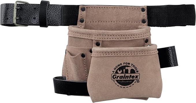 Graintex 4 Pocket Children Tool Pouch Suede Leather with Leather Belt and Hammer Loop
