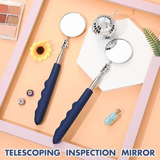 2 Pcs Telescoping Inspection Mirrors, Mechanics Mirror Tool with Long Handle, Round Extendable Mirror on a Stick for Technicians Mechanics Contractors Checking Observation(50mm,Blue)
