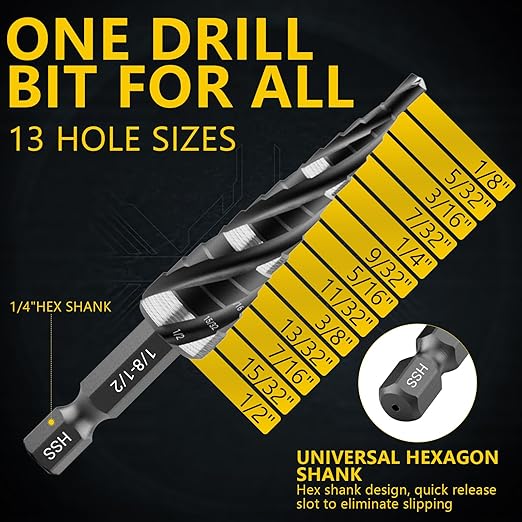 Four Spiral Flute Step Drill Bit, HSS Step Drill Bits (1/8"-1/2") Unibit Step Drill Bit, 1/4" Shank Step Bits for Aluminum, Metal, Wood, Plastic