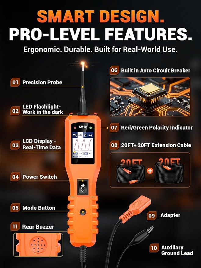 KZYEE KM10 Power Circuit Probe Kit, 12V 24V Automotive Circuit Tester, Digital Multimeter, Short Finder, AC/DC Voltage Tester, Diode & Resistance, Current Probe Component Activation, 20FT+20FT Cable