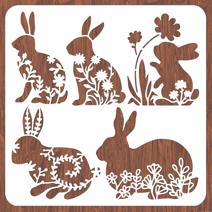 INFUNLY Easter Rabbit Stencil for Painting 11.8x11.8 Happy Spring Flower Wall by INFUNLY