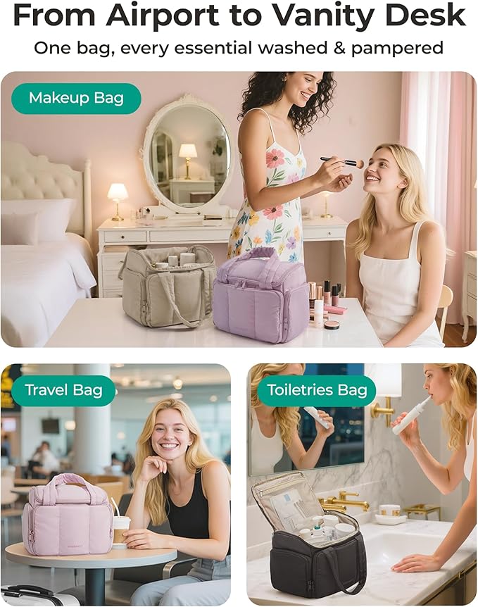 BAGSMART Toiletry Bag Large Roomy Makeup Bag, Portable Makeup Bag with Handle for Travel-Sized Shampoo, Conditioner & Brushes Set, Pink