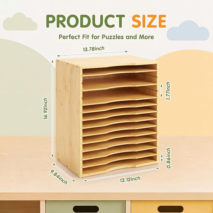 Ripeng 1 Pack Bamboo Puzzle Holder Rack, 12-Tier Adjustable Storage Organizer - Image 3
