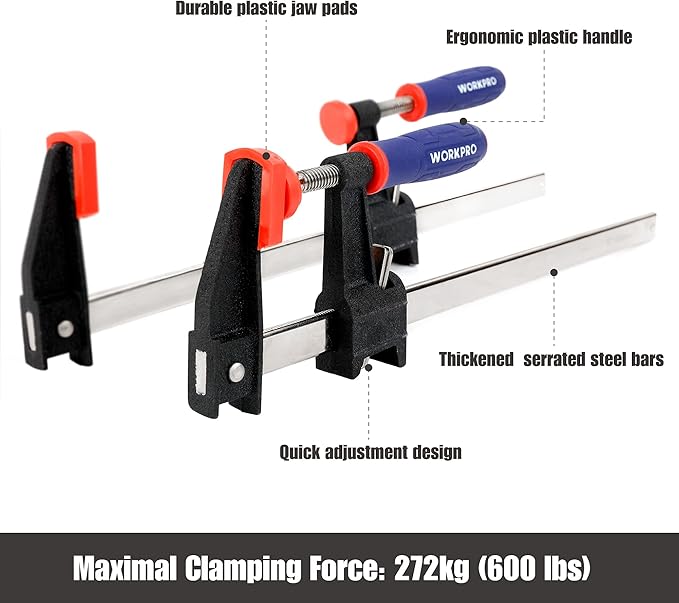 WORKPRO 12-Inch Steel Bar Clamps Set, 2-pack Quick-Release Clutch Style Bar Clamps with 2-1/2" Throat, Micro-Adjustment Handle and 600 lbs Load Limit, Steel F Clamp for Woodworking, Metalworking, DIY