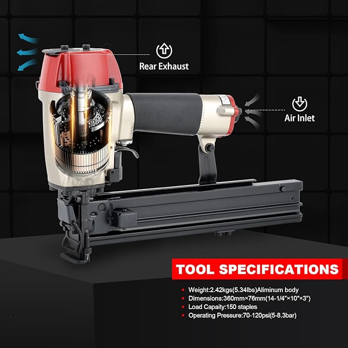 Construction Stapler, 16 Gauge 15/16-inch Wide Crown, Pneumatic Air Staple Gun for Fence Wire Wood Lathes Slats Furniture Frames Pallets and Finish, Heavy Duty
