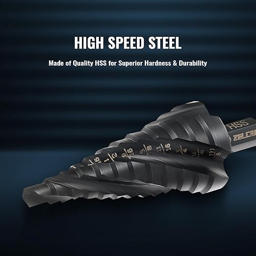 ZELCAN 12 Sizes Step Drill Bit, Four Spiral Flute Step Bit for Metal, Titanium-Coated HSS 3/16" to 7/8" Step Drill Bit with 1/4" Hex Shank for Stainless Steel Aluminum Copper Wood Plastic