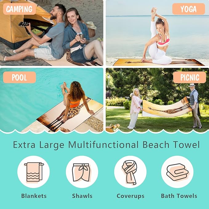 Brown Giraffe Beach Towel Oversized 36" x 72", Thin Lightweight Sand Free Quick Dry Microfiber Towel for Swimming Pool Cruise Camping Travel