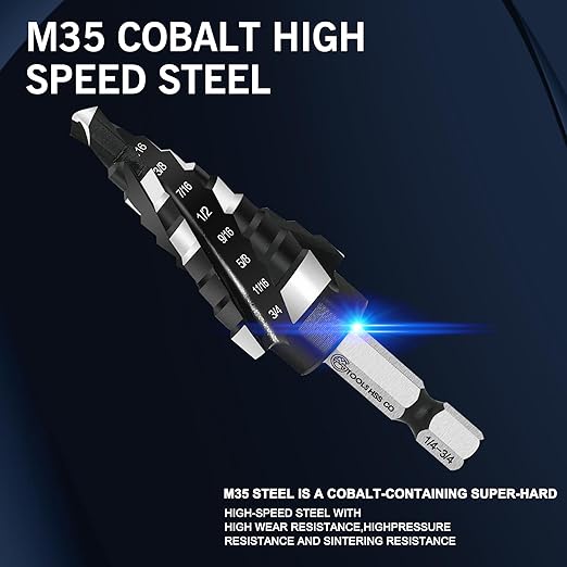 M35 Four Spiral Flute Cobalt Step Drill Bit, 3/16"-7/8" Wear-Resistant TiAlN Coated Four-Flute Step Bit, 1/4" Hex Shank Unibit Step Bit for Metal, Stainless Steel, Aluminum, Wood, Plastic