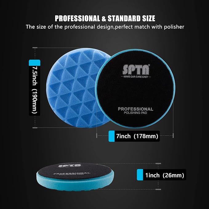 SPTA 10pcs Polishing Pads Kit, 7 Inches Large Size Buffing Pads, Car Foam Buffing Sponge Pads Kit with 5/8"-11 Backing Plate for Car Waxing Polishing