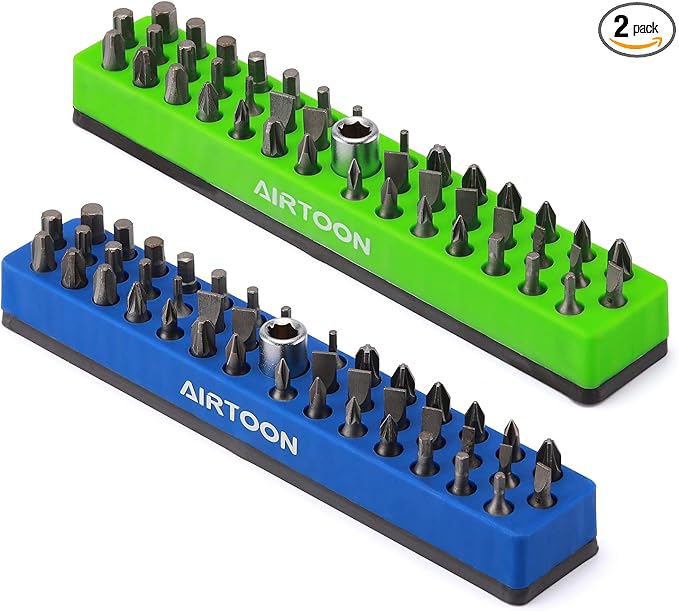 AIRTOON 2PCS 1/4" Magnetic Hex Bit Holder, 43 Holes Bit Storage with Strong Magnetic Base, Magnetic Screwdriver Bit Organizer, Blue and Green