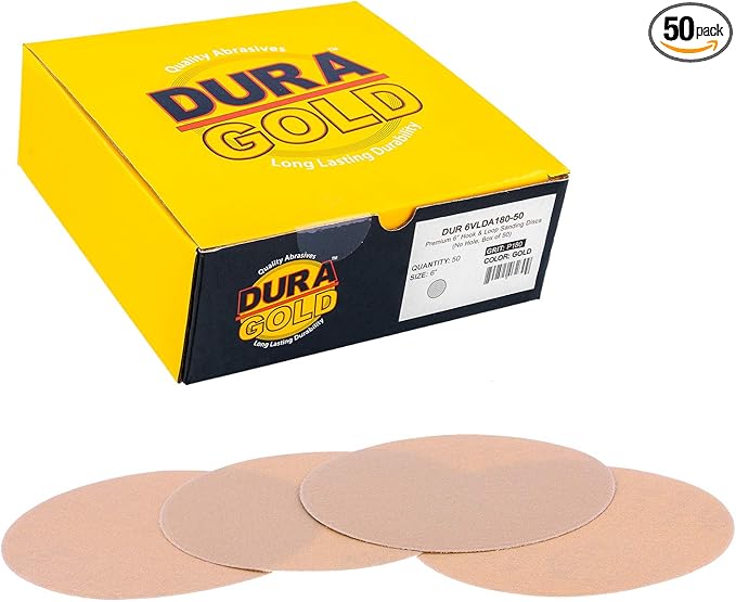 Dura-Gold Premium 180 Grit 6" Gold Sandpaper Discs, No Hole Pattern Dustless, Box of 50, Hook & Loop Backing for DA Sander, Finishing Coarse Sanding Abrasive Automotive Paint, Woodworking Wood, Metal