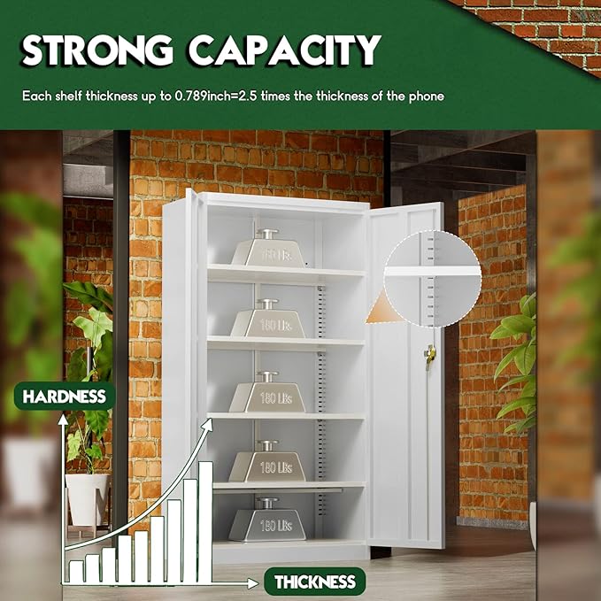 Greenvelly White Metal Storage Cabinet for Garage, 72” Steel Locking Cabinet with Doors and 4 Shelves, Tall Tool Organizer for Garage Systems Lockable File Storage for Home Office, Classroom