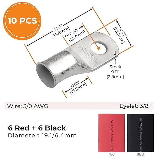 SELTERM 10pcs - 3/0 Awg - 3/8" Stud - Battery Lugs - Ring Terminal Connectors with 12pcs 3:1 Black & Red Heat Shrink Tubing with Adhesive | Heavy Duty Battery Cable Ends - Tinned Copper Wire Lugs Kit