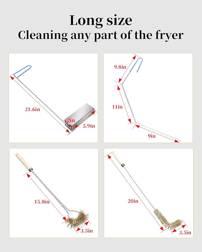 4-in-1 Fryer Cleaning Tools, L Shaped Fryer Cleaning Brush, Deep Fryer Crumb Scoop, Long Handle Deep Fryer Basket Cleaning Brush, Deep Fryer Cleanout Rod, Applies to Commercial Kitchen, Fryer, Drain