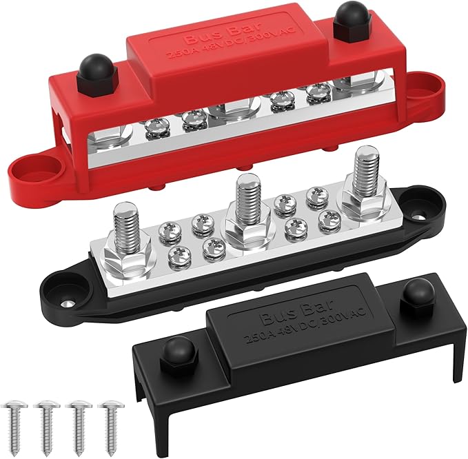 Joinfworld Bus Bar 250A 12V Power Distribution Block with 3 x 3/8"(M10) Studs Marine Bus Bar Terminal Block 12 Volt DC Battery Busbar with Cover - Negative&Positive