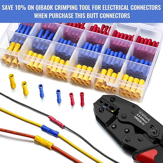 600 PCS Butt Splice Crimp Connectors Qibaok Insulated Electrical Straight Wire Terminal Connectors 10-22AWG