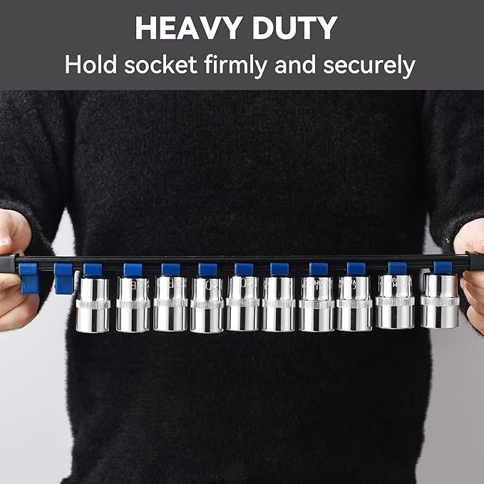 ALOANES 12 PC ABS Socket Organizer,1/2 inch, 3/8 inch, and 1/4 inch Drive Socket Rail Holders, Heavy Duty Socket Racks, Black Rails with Blue Clips