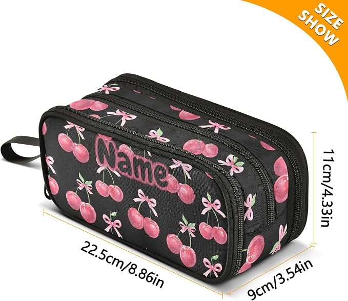 Custom Watercolor Cherry Bow Pencil Case Box Boys Girls Personalized Name Large - Image 7