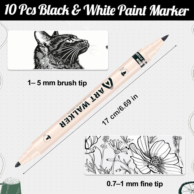 Thboxes 10 Pack Black & White Acrylic Paint Markers, Dual-Tip Acrylic Paint Pen - Image 2
