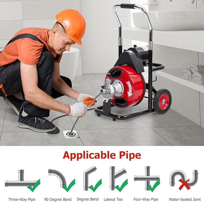 75 FT x 1/2 Inch Drain Cleaner Machine with 370W Motor, Auto Feed Sewer Snake Auger with 8 Cutters & Air-activated Foot Switch, Semi-Enclosed Drum Drain Cleaning Tool for 2" to 4" Pipes