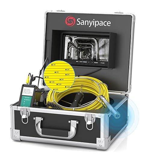 Sanyipace Sewer Camera 65FT/20M, Self-Leveling Drain Pipe Plumbing Camera with 512Hz Transmitter, Clear Meter Marks, for Plumbers Homeowner Home Inspectors Construction Maintenance Worker